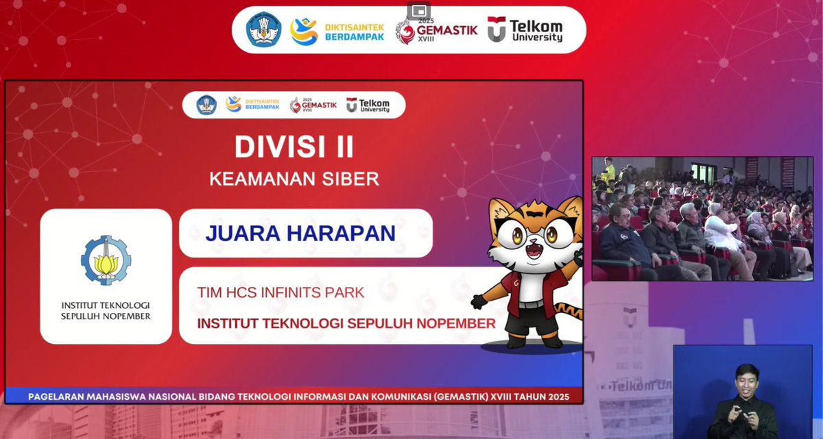 hcs_ctf's tweet image. Bangga! Salah satu tim Heroes Cyber Security meraih predikat Harapan Nasional pada GEMASTIK 2025 yang diselenggarakan oleh Dit. Belmawa, Ditjen Dikti, Kemendiktisaintek. Selamat kepada tim "HCS - Infinits Park" atas pencapaian luar biasa ini!