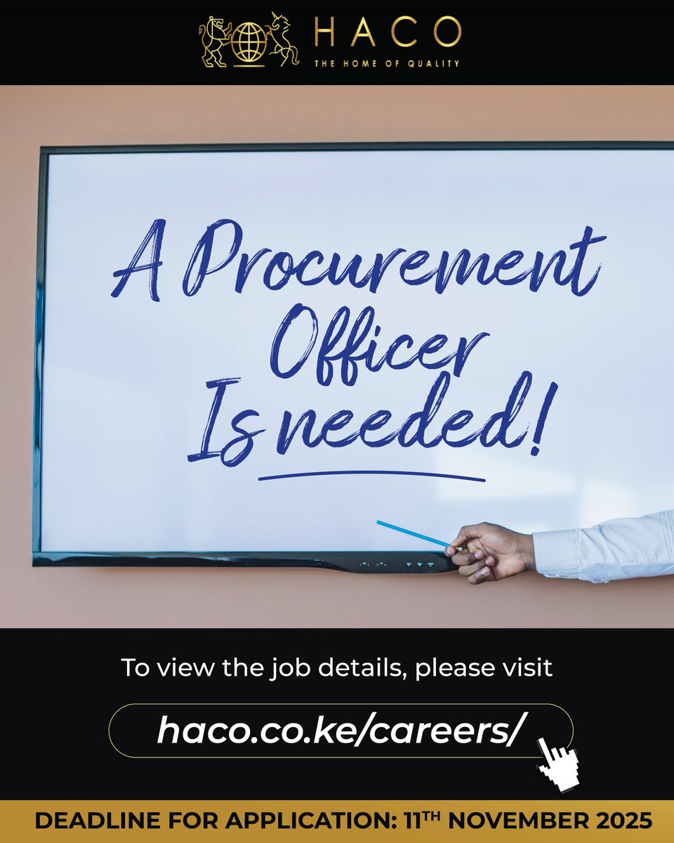 We’re hiring a Procurement Officer!
If you’ve got an eye for detail and a mind for smart sourcing, we’d love to meet you.
Apply now 👉 haco.co.ke/job-opportunit…
🗓 Deadline: 11th Nov 2025
#Hiring #Procurement #JobAlert #HACOIndustries