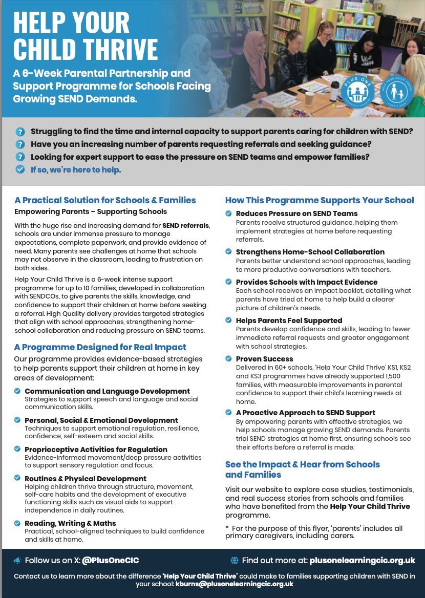 Struggling to find the time and internal capacity to support parents caring for children with SEND? 
Have you an increasing number of parents requesting referrals and seeking guidance?
Looking for support to ease pressure on SEND teams and empower families? 
Details below 👀⬇️
