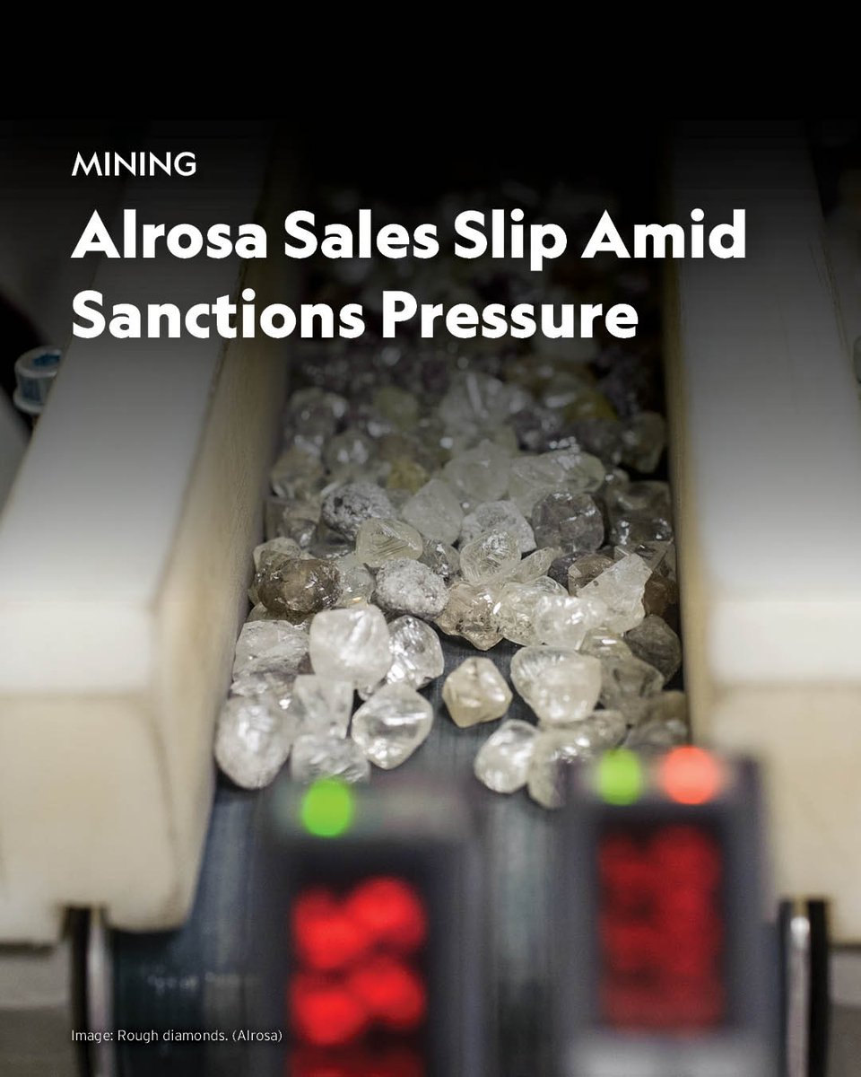 Rapaport's tweet image. 📉Alrosa’s revenue fell 6% year on year to RUB 156.76 billion ($1.93 billion) in the first nine months of 2025, reflecting weakness in the diamond market and ongoing sanctions against Russia.

Read more👉rapaport.com/news/alrosa-sa…

#rapaportnews #alrosa #diamondmining #diamondmarket