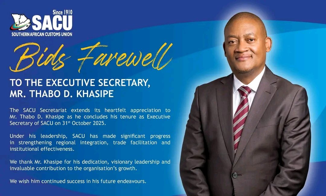 UPDATE: Thabo Khasipe's tenure as Southern African Customs Union (SACU) Executive Secretary, has come to an end.

The organisation has wished him well in his future endeavours.