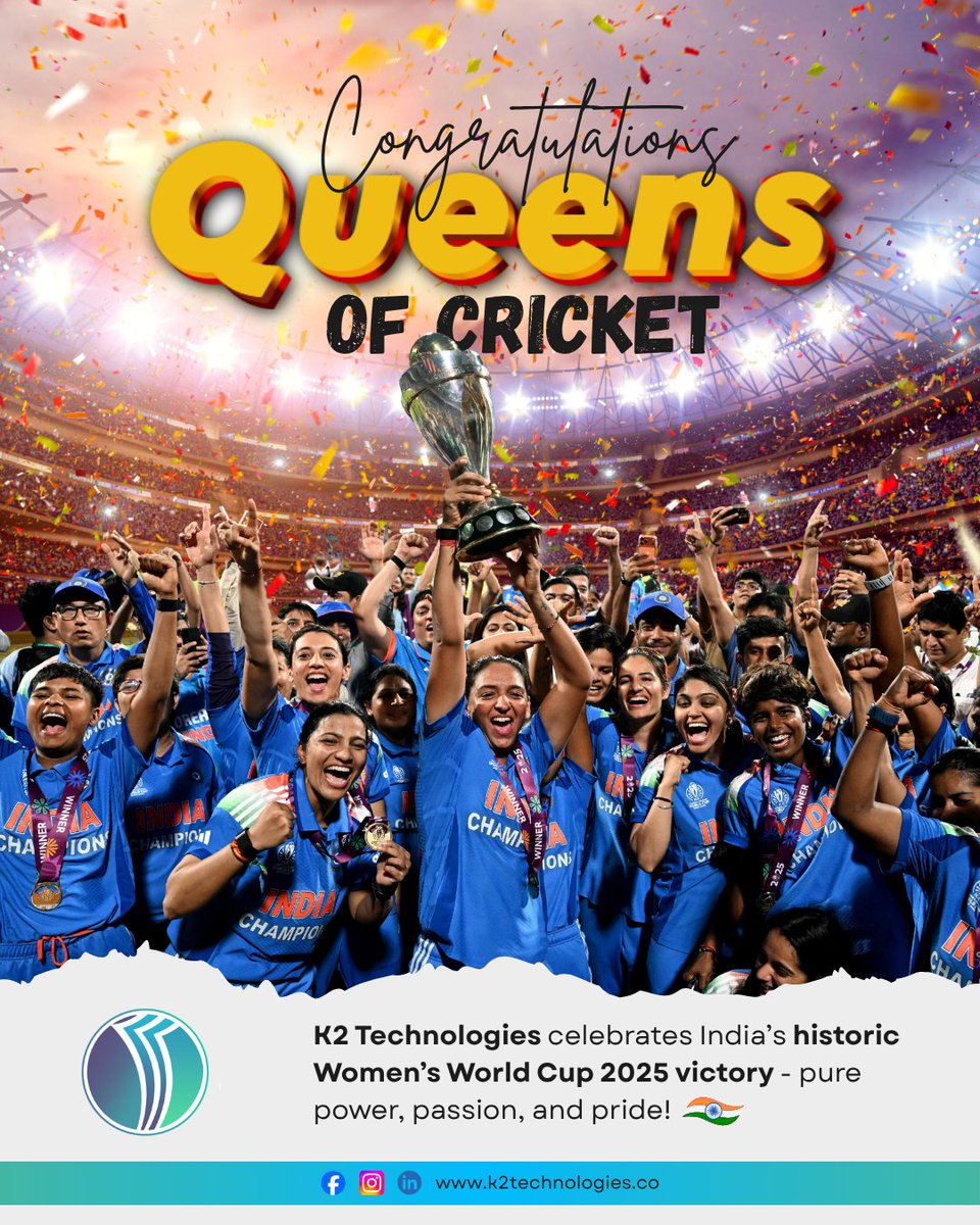 k2technologies_'s tweet photo. Crowned with glory! 👑🇮🇳
India’s women have conquered the cricket world with grit, teamwork &amp; heart. 🏆🔥
Here’s to the Queens of Cricket — inspiring generations to dream big! 💙
#PowerPassionPride #QueensOfCricket #WomensWorldCup2025 #TeamIndia #k2technologies https://t.co/T9x45MRtAY