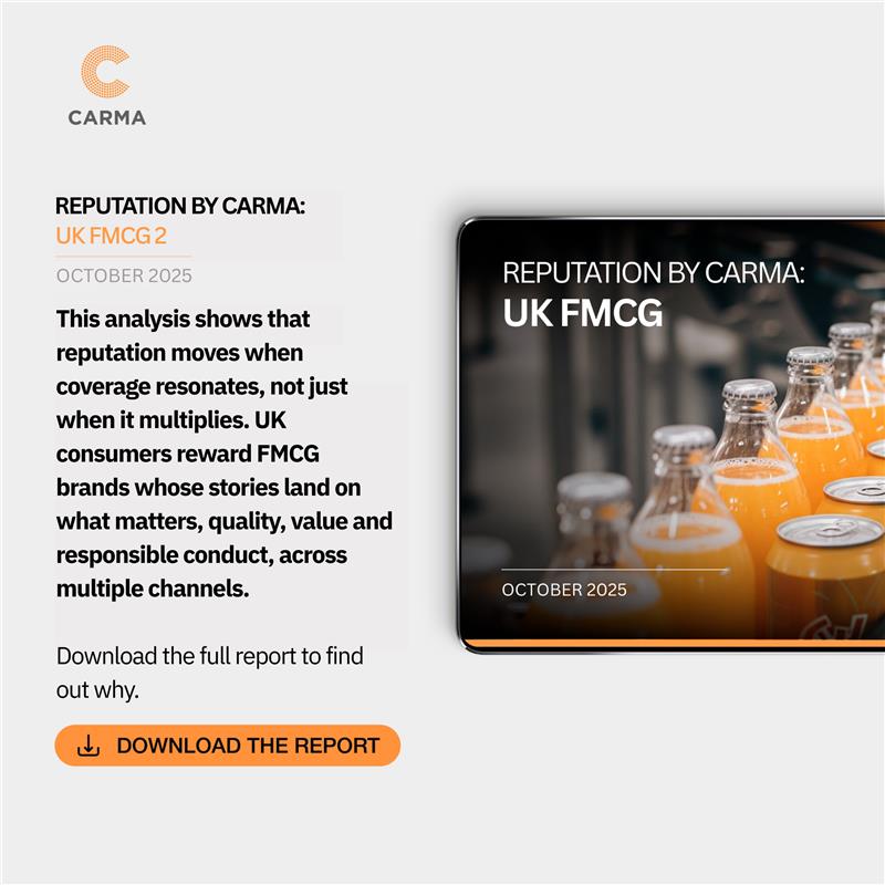 FMCG reputations are shifting: who’s gaining ground, and who’s falling behind? Explore what’s changed for the UK &amp; US’s top brands in the latest Reputation by CARMA.
📥bit.ly/4jnQYbS 

#ReputationByCARMA #FMCGInsights #BrandReputation #AudienceIntelligence #MediaAnalysis