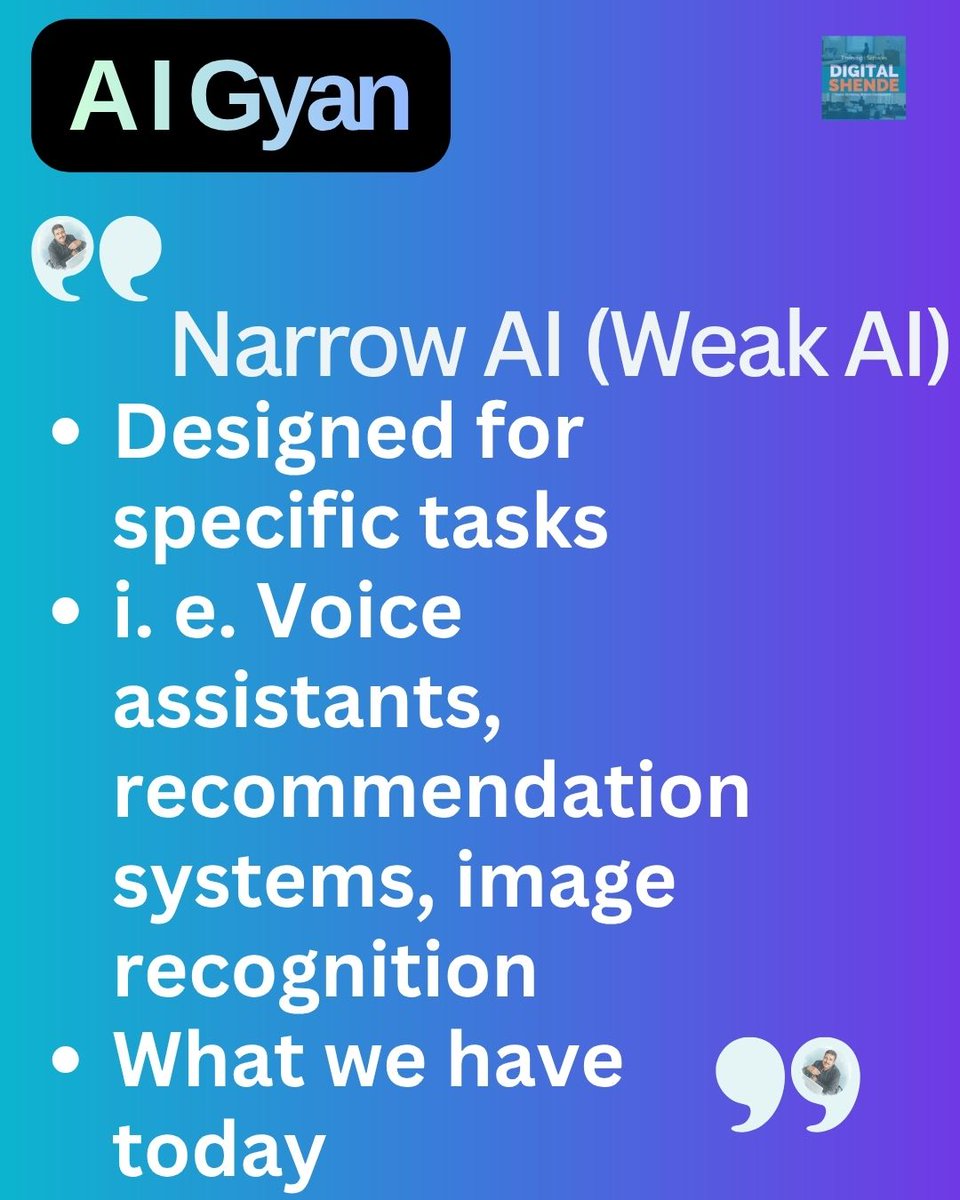 DigitalShende's tweet photo. What powers your map app, streaming recommendations, and smart speakers? 💡 It's Narrow AI, the brain behind all our useful, day-to-day tech. 

Understand the difference: https://t.co/HVnfJsQ2ql

#AI #Tech #NarrowAI #ArtificialIntelligence #FutureOfTech https://t.co/e6tS7CsW4B