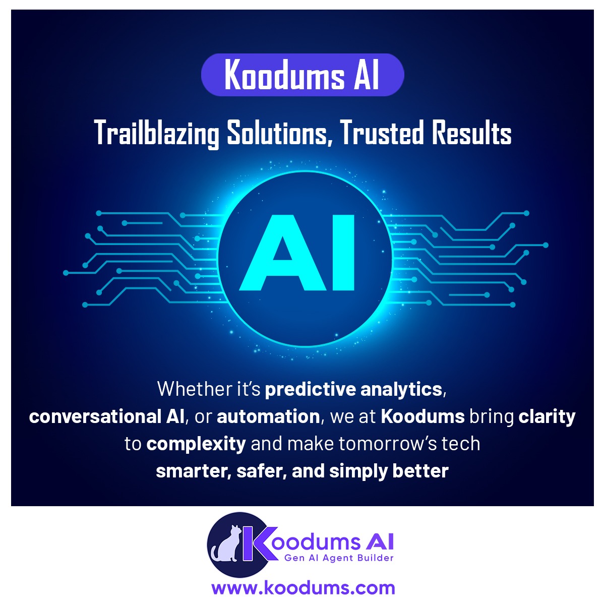 KoodumsAI's tweet photo. Koodums AI — Smarter Tech, Better Tomorrow:
From predictive analytics to conversational AI and automation — Koodums AI transforms complexity into clarity.
🌐 Visit: https://t.co/BF5IPJKAjm
📩 Email: info@koodums.com
#KoodumsAI #AISolutions #FutureReady #LeadWithAI #AIInnovation https://t.co/VCnzeUqGSb
