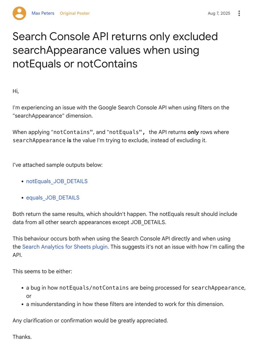 ICYMI: Google Search Console API bug when filtering by search appearances seroundtable.com/google-search-…