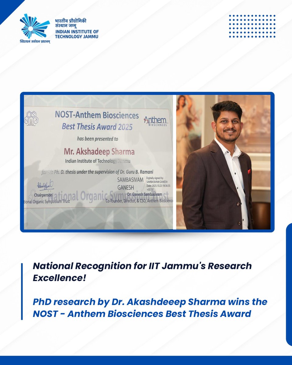 IITJammu's tweet photo. National Recognition for IIT Jammu's Research Excellence! 🌟 https://t.co/IjGL7N1IIc