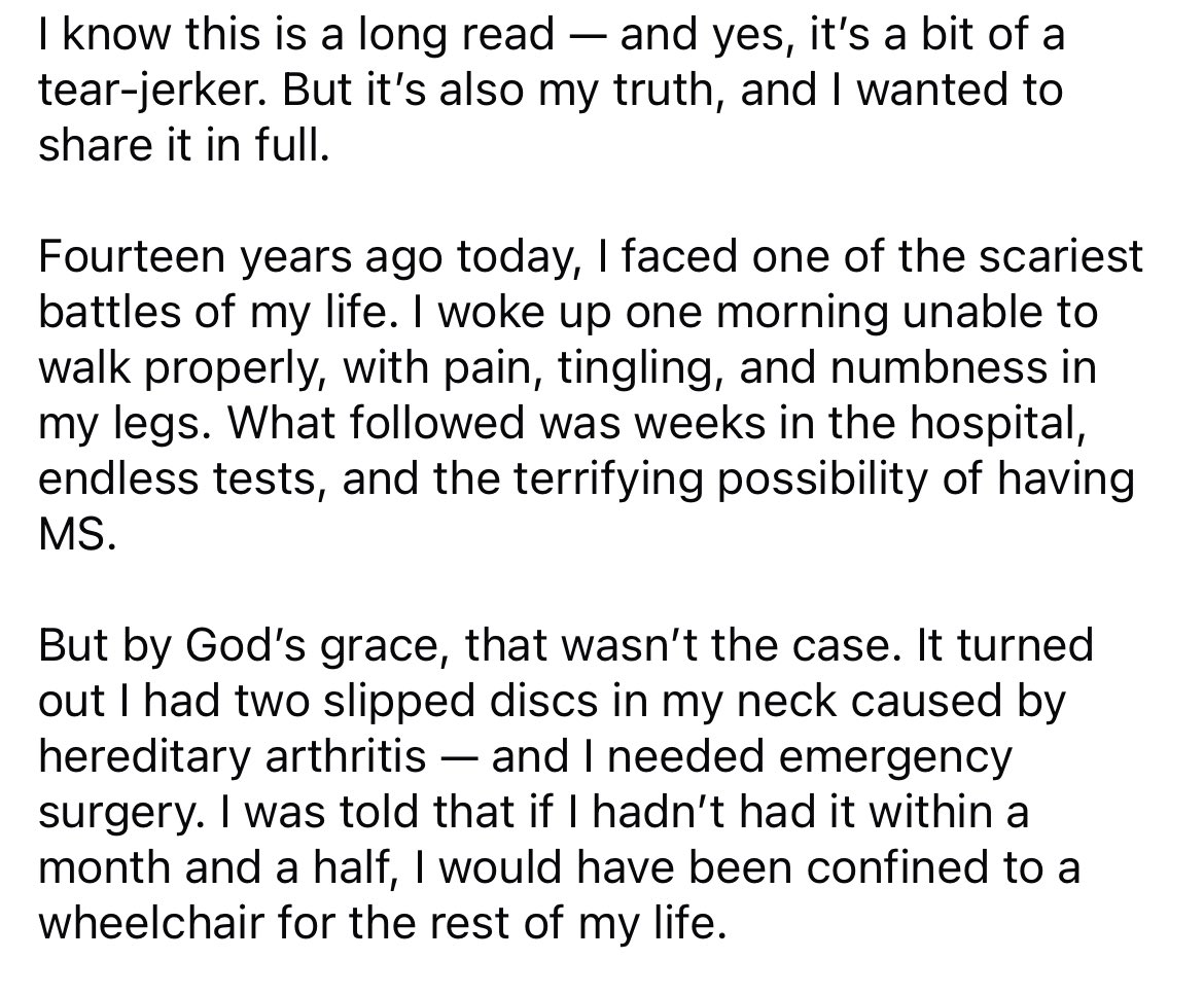StlBluesFan2024's tweet photo. 13 years ago, I was told I might never walk again. By God’s grace, I’m still standing today. Two slipped discs, emergency surgery, countless prayers — and one big miracle.
#FaithDriven #WalkingMiracle #GodIsGood #BlessedBeyondMeasure
#GodsGrace #GratefulHeart #TestimonyMonday https://t.co/YWhQmmEzqJ