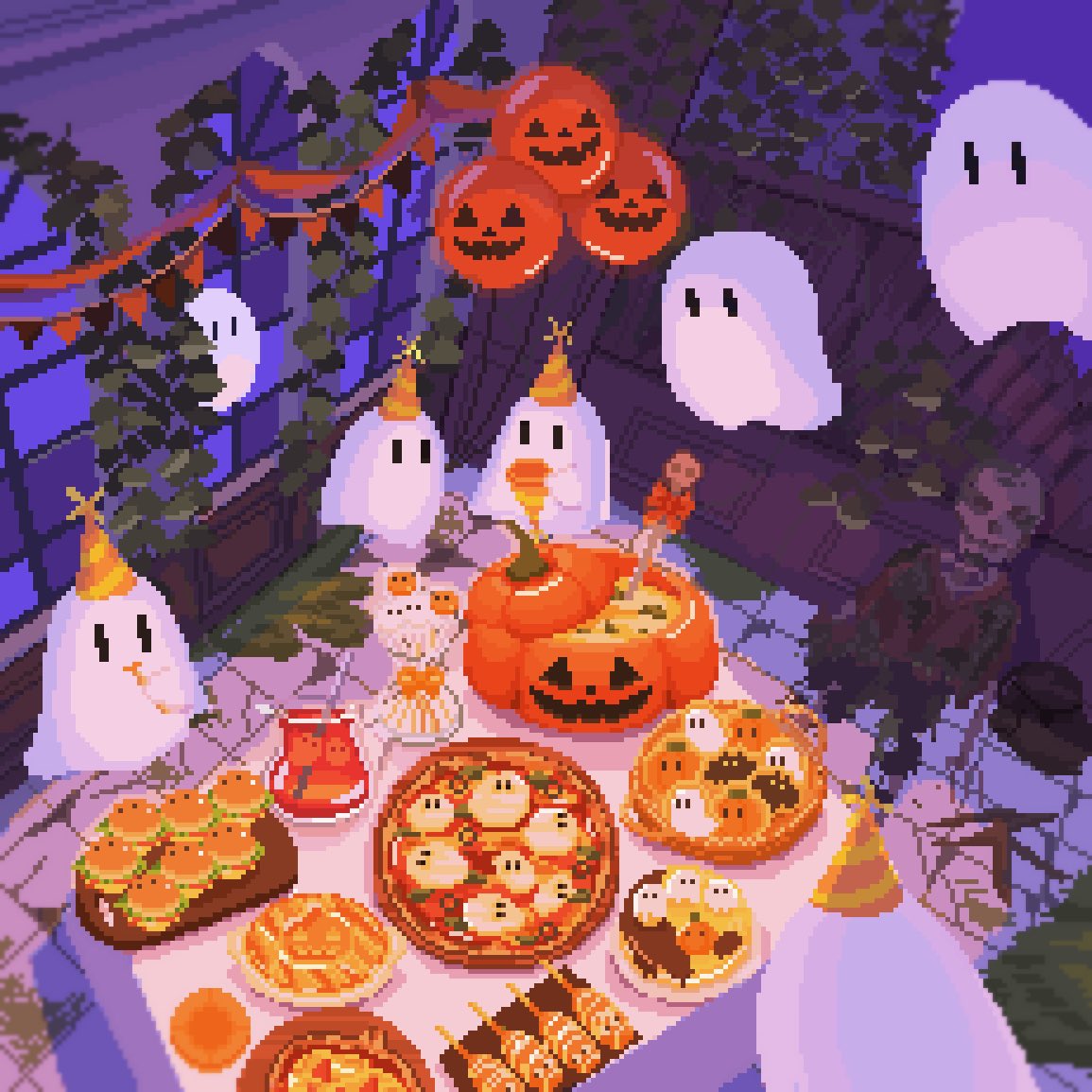 logicsky_pixel's tweet image. パーティーのはじまり🎉

#Halloween2025🎃 #pixelart