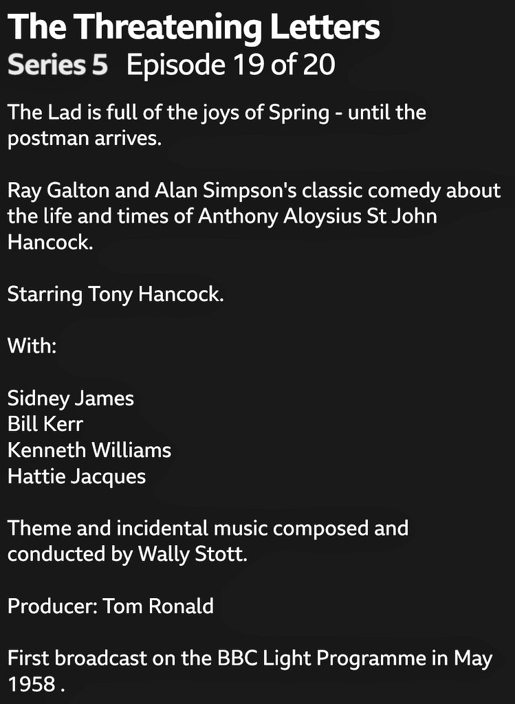 #HancocksHalfHour <a href="/BBCRadio4Extra/">BBC Radio 4 extra</a> tomorrow at 7.30am, 12.30 and 6.30pm - 'The Threatening Letters' (1958). John Fisher: "Few episodes saw the skills of writers, producer and performer coming together more effectively...the most dazzling display of radio as a dramatic medium."