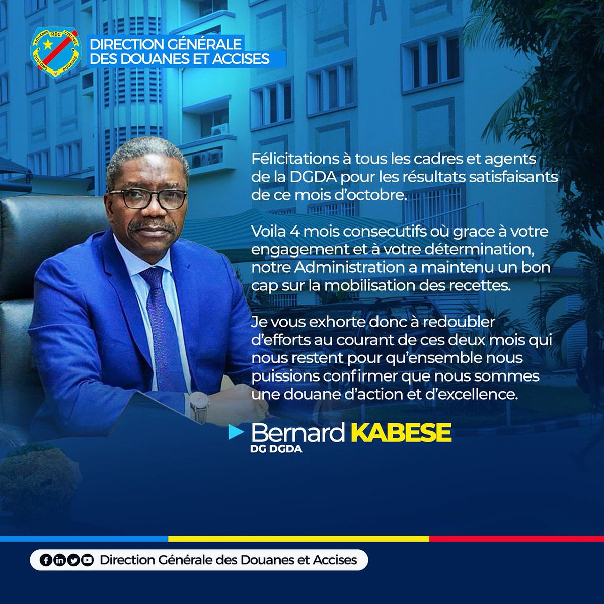 DOUANERDC's tweet image. Félicitations à tous les cadres et agents de la DGDA pour les résultats remarquables du mois d’octobre !
Grâce à votre engagement et votre détermination, notre administration poursuit sa dynamique d’excellence et de performance.
@Presidence_RDC @PrimatureRDC @financesrdc 
#DGDA