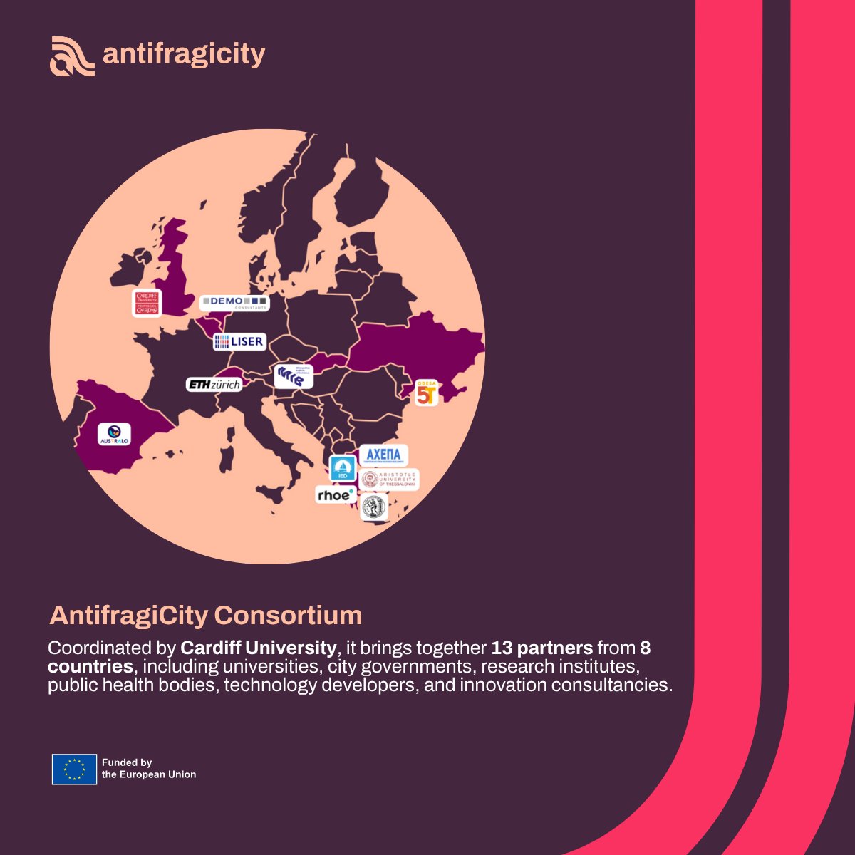 AntifragiCity's tweet image. Meet the #AntifragiCityTeam!

Coordinated by @cardiffuni, our project brings together 13 partners from 8 countries — spanning universities, city governments, research institutes, public health bodies, technology developers, and innovation consultancies.

👁️antifragicity.eu/team