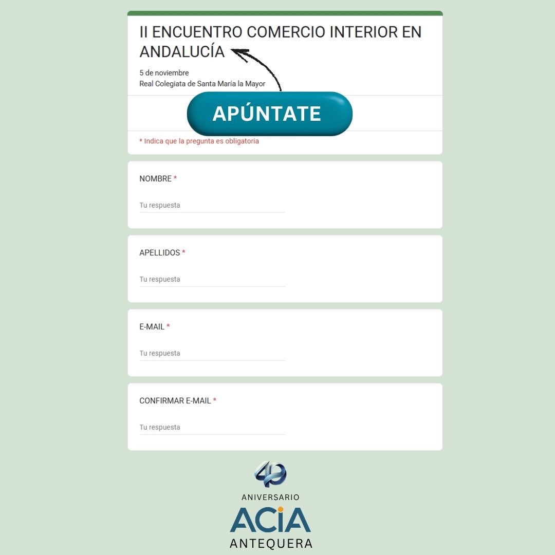 ¡Apúntate!

🛍️ II Encuentro sobre el Comercio Interior en Andalucía, 5 de noviembre

<a href="/EmpleoJunta/">Consejería de Empleo, Empresa y Trabajo Autónomo</a> 

👩‍💻 Para asistir, es necesario inscribirse a través del formulario digital habilitado por la Junta de Andalucía 👇🏻 

docs.google.com/forms/d/e/1FAI…