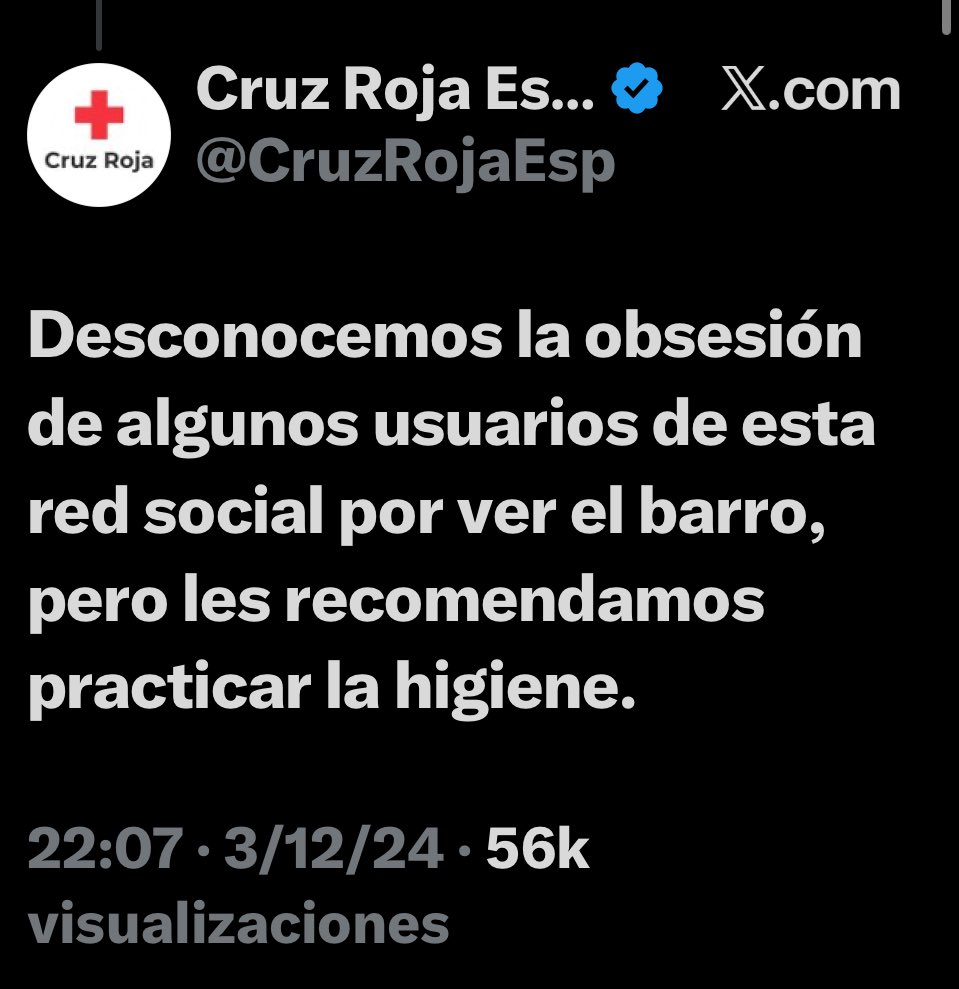 No tenía constancia de este tuit vomitivo de <a href="/CruzRojaEsp/">Cruz Roja Española</a>, 
DiC 2024,  al margen del mal gusto de lo publicado, vuestra aportación en la DANA fue el mayor fraude a vuestros donantes que pueda existir, taparos un poco y por lo menos humildad …Lo dejo por aquí para lo vean. Asco.