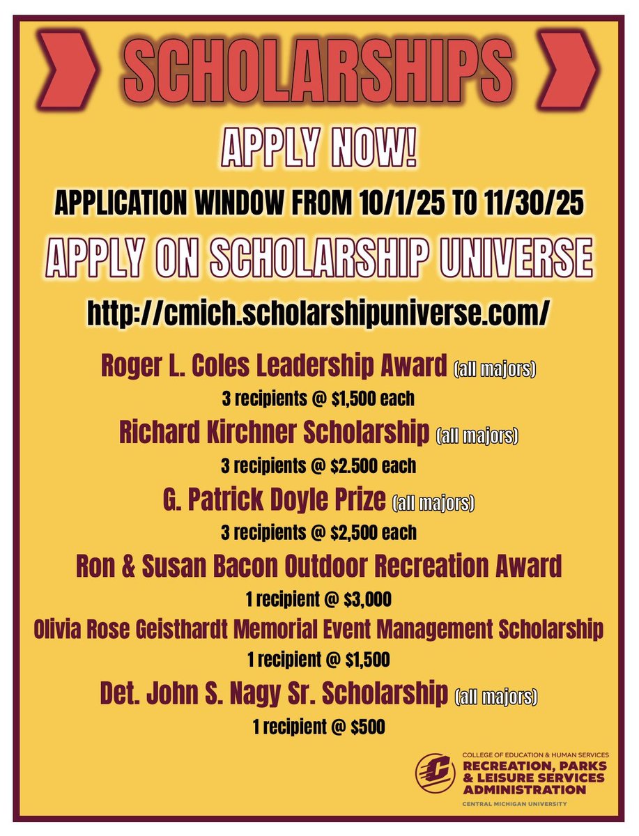 cmurpl's tweet image. 1 MONTH LEFT! All RPL-specific scholarships are available on CMU’s Scholarship Universe. Applications open through Nov 30th! Access these scholarships and all others at @cmuniversity via cmich.scholarshipuniverse.com  🔥👆💵 @cmuehs @cmualumni