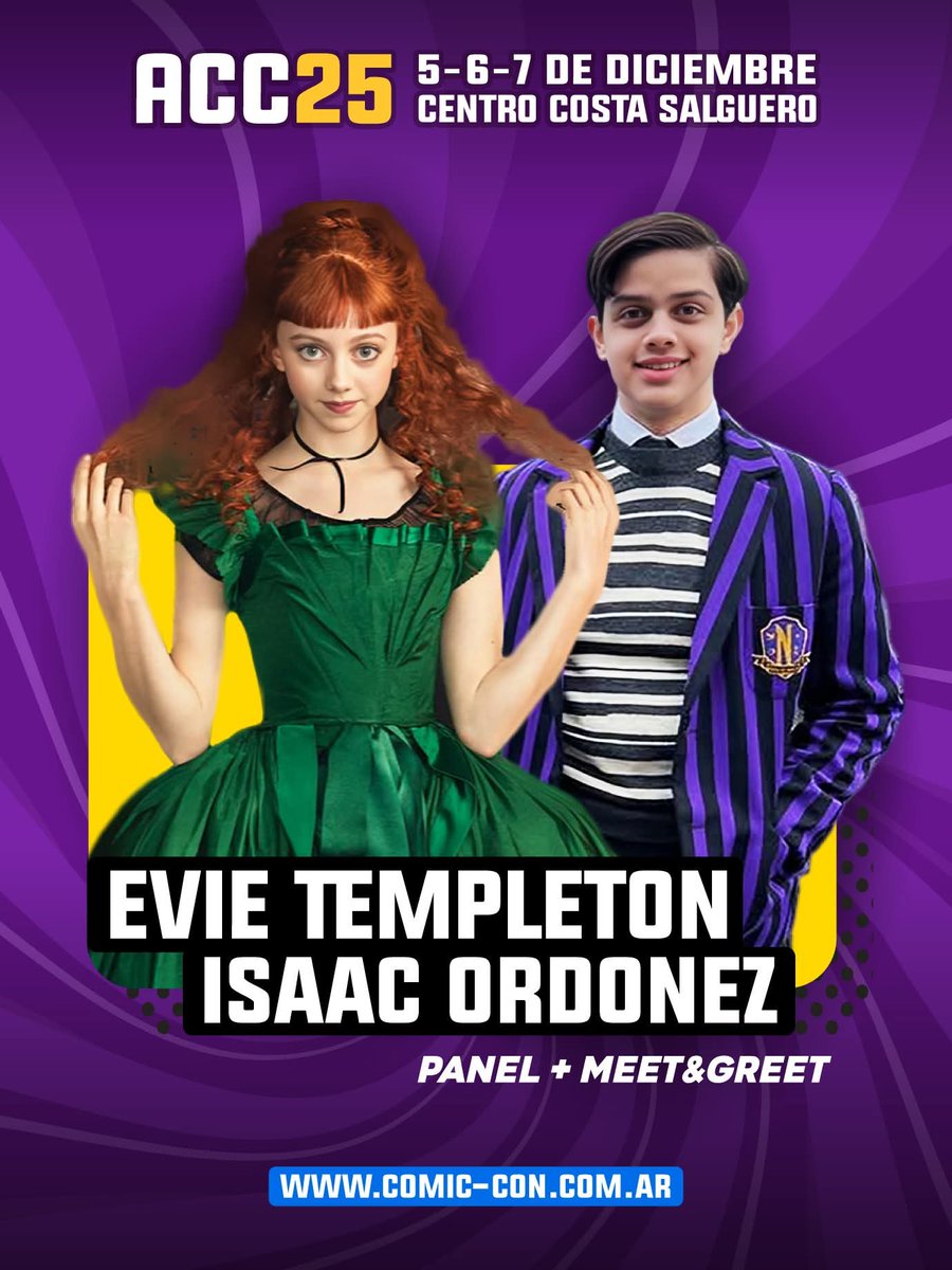 📣 #EvieTempleton e #IsaacOrdonez (de Merlina) son los artistas internacionales confirmados para la <a href="/ArgComicCon/">Argentina Comic Con</a>

🗓 5, 6 y 7 de Diciembre
📍 Centro Costa Salguero

🎫 Tickets y Meet &amp; Greet en <a href="/TicketekAr/">Ticketek Argentina</a>