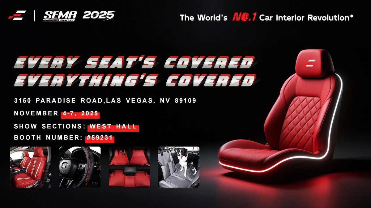 ekrcover's tweet photo. EKR｜See the Lineup at SEMA — West Hall #59231

From genuine/Nappa/solvent-free leather to fabric lines, from seat covers to steering-wheel covers and rear-row pet protection—Ekr’s lineup is built for real daily use. Find your exact fit at SEMA 2025.

Dates: Nov 4–7 · West Hall · Booth #59231
Venue: 3150 Paradise Road, Las Vegas, NV 89109
#EKR #SEMA2025 #SEMAShow #SeatCovers #SteeringWheelCover #PetSeat #CarInterior