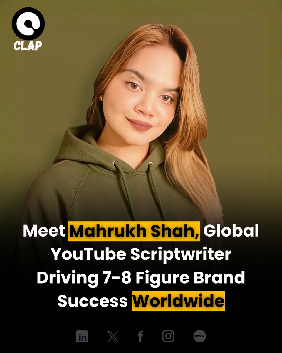 ClapPakistan's tweet image. Meet Mahrukh Shah — Global YouTube Scriptwriter &amp;amp; Creative Strategist behind 150M+ views &amp;amp; 2000+ scripts for top brands. Blending science &amp;amp; storytelling, she crafts content that drives engagement &amp;amp; growth. 

#YouTubeScriptwriter #Clap #ClapRecognize #ClapPakistan