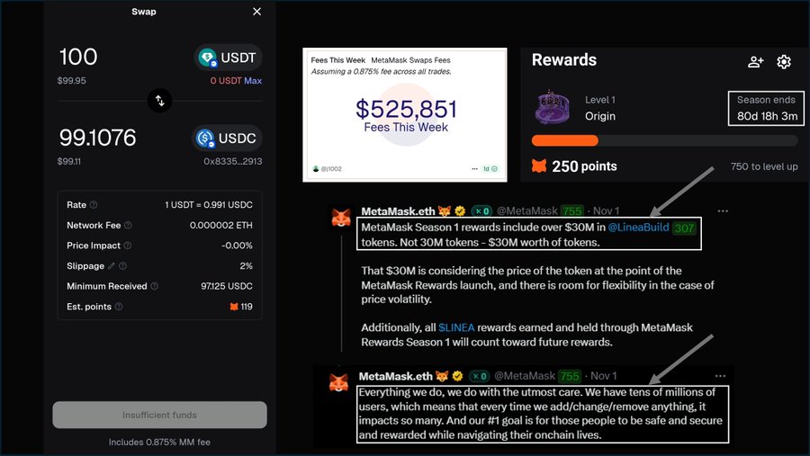 curhatjambi's tweet photo. 1 Metamask’s “$30M airdrop” smells like a trap 🚨 They’re charging 0.875% fees per swap—way higher than other DEXs. Looks like they’re farming users, not rewarding them. Stay sharp, degen. #MetaMaskScam #LINEAAirdrop https://t.co/boc8rv72WN
