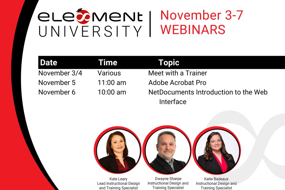 Element_Updates's tweet image. Register today for this week’s Element University Webinars!

Subscribe to Element University by contacting info@ele-ment.com

Registration is available on the Element University site:
ow.ly/4l9x50XaIoO
#ElementTechnologies #ElementUniversity #Adobe #NetDocuments