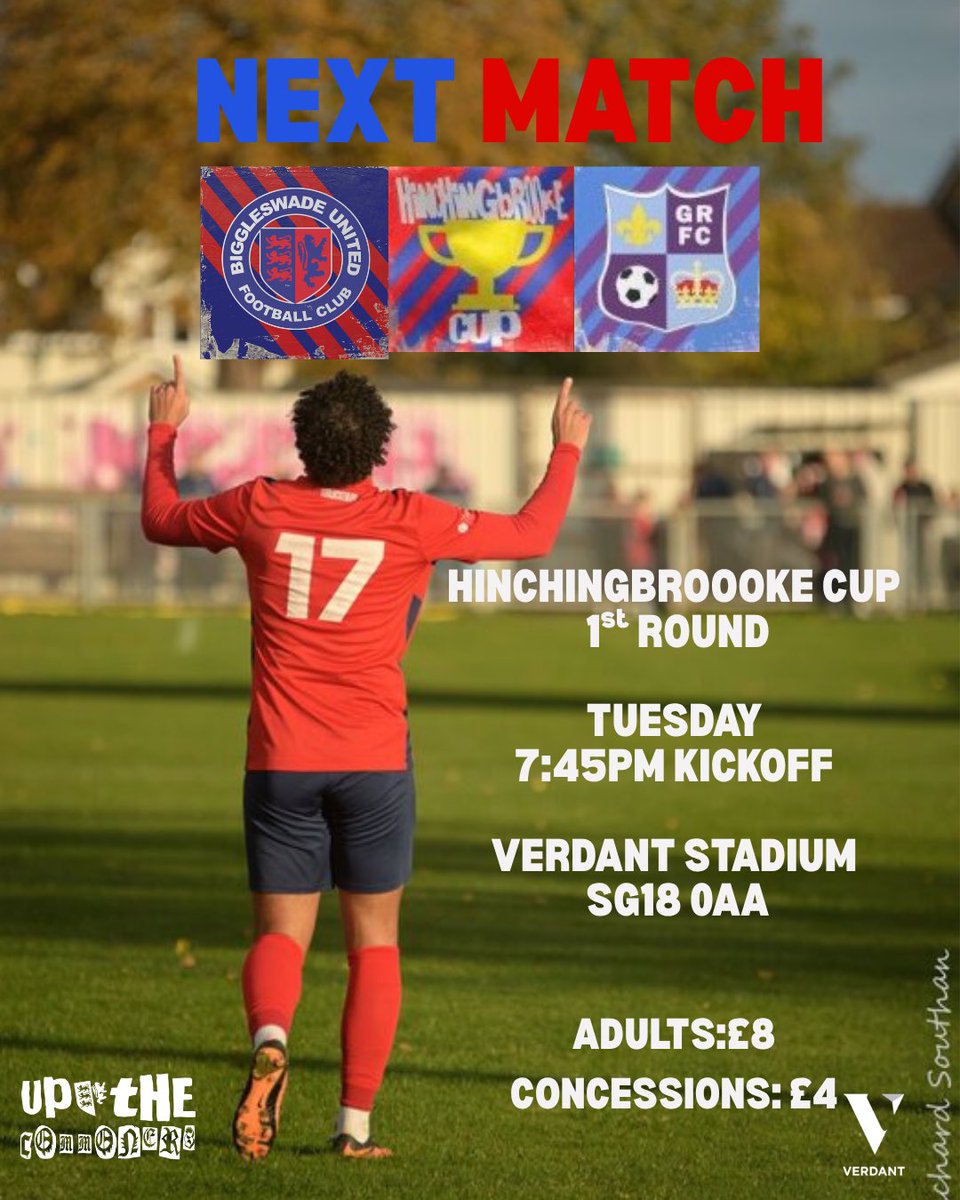 NEXT MATCH 🏆

Our Men’s First Team are in action this Tuesday in the <a href="/HinchCup/">Hinchingbrooke Cup</a>, we host Godmanchester Rovers at the <a href="/verdantfp/">@verdantfp</a> Stadium!

🆚<a href="/GoddyRoversFc/">Godmanchester Rovers</a> 
🏆<a href="/HinchCup/">Hinchingbrooke Cup</a> 1st Round
📆Tuesday
⏰7:45PM
🏟️ Verdant Stadium, SG18 0AA
🎟️Adults: £8 | Concessions: £4

#UpTheCommoners
