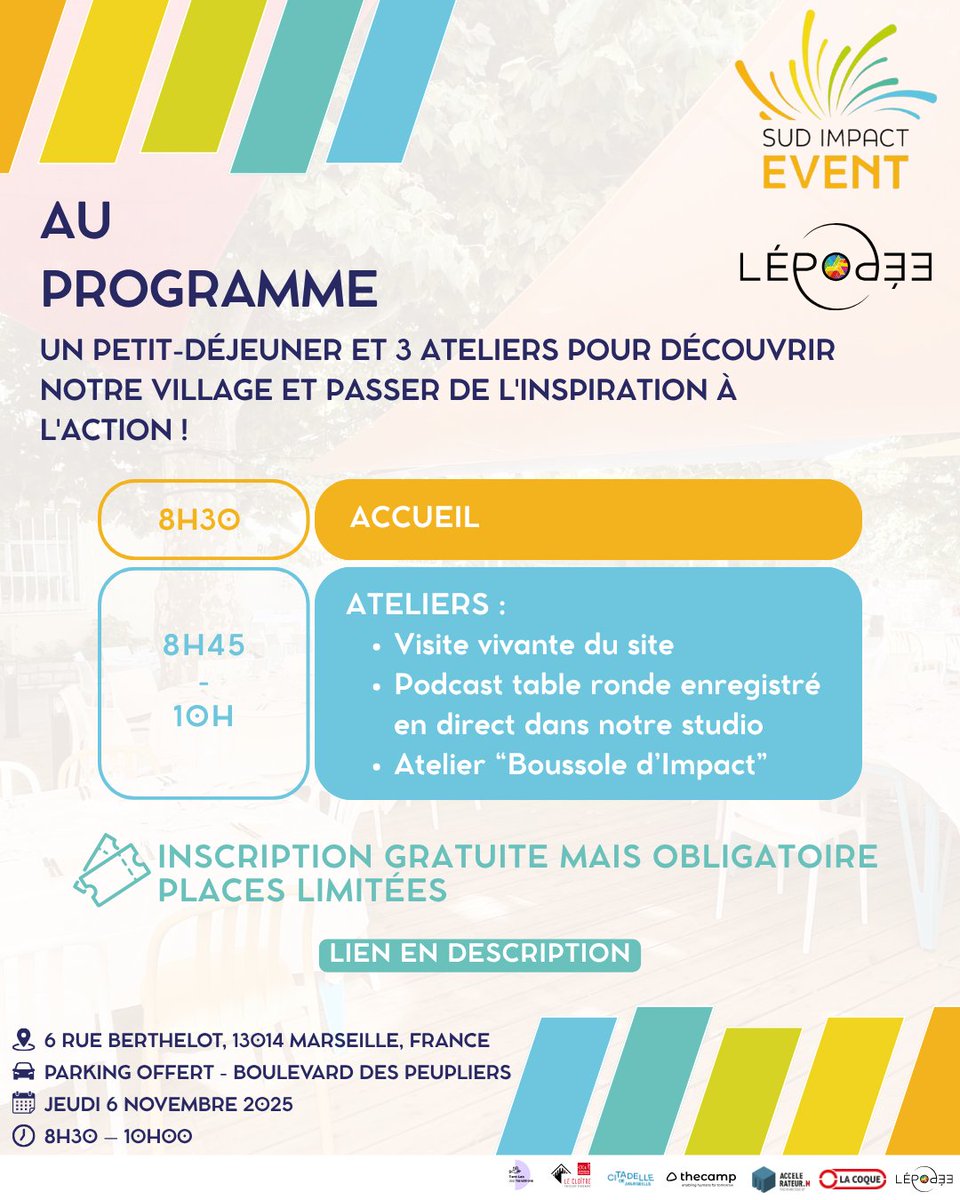 💡 SAVE THE DATE !

🌱Le #RoadshowSudImpactEvent fait étape à L’Épopée✨

🗓️Jeudi 6 nov. 2025 | 8h30–10h
📍L’Épopée – 6 rue Berthelot, Marseille 14e

🔗 Inscription gratuite &amp; obligatoire → lnkd.in/esbYqwxA