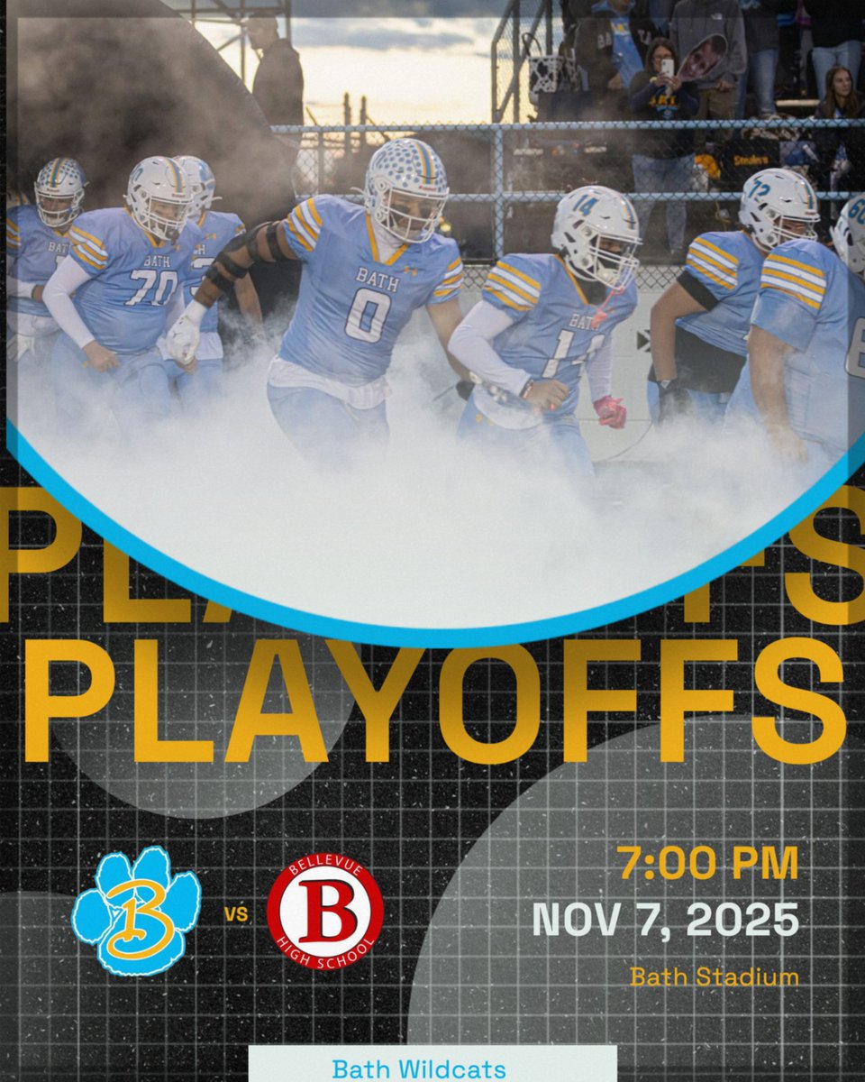 Bath will host Bellevue in the 2nd round of the football playoffs.  No Bath passes or reserved season tickets will be accepted.  Tickets are $12 for Adults and $5 for Students and can be purchased on the OHSAA website or cash at the gate.