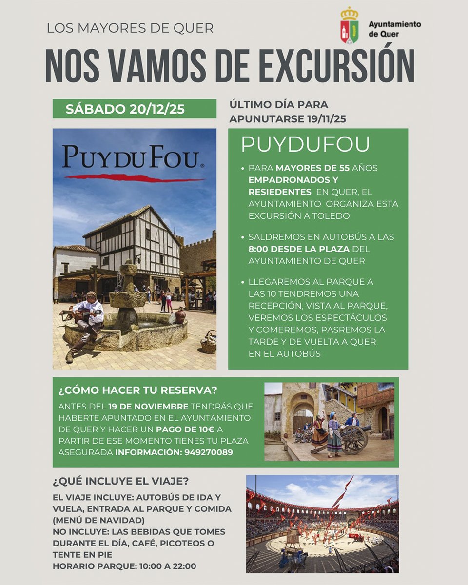 aytoquer's tweet image. 🎭 ¡Excursión a Puy du Fou! 🌟
El 20 de diciembre, los mayores de 55 años de Quer podrán disfrutar de un día cultural con autobús, entrada y comida incluidos.
💶 Inscripción: 10 € hasta el 19 de noviembre en el Ayuntamiento.
📞 Info: 949270089
#Quer #PuyduFou #Cultura