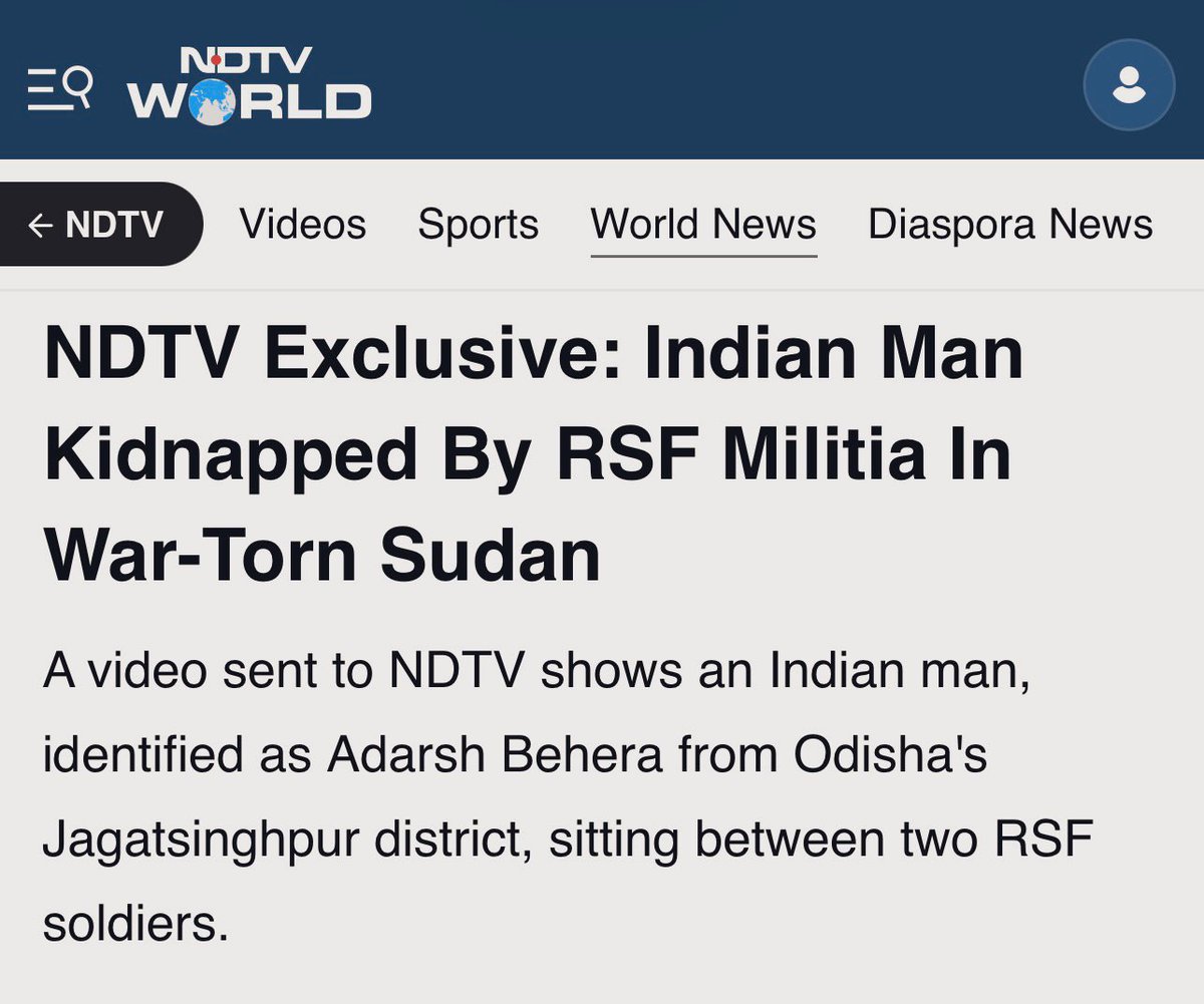 manas_muduli's tweet photo. URGENT: Adarsh Behera from Jagatsinghpur district, Odisha, has been kidnapped in Sudan by RSF Militia.

@CMO_Odisha @DrSJaishankar @AshwiniVaishnaw @PMOIndia - Request for immediate high-level intervention and all efforts to ensure his safe and swift return. https://t.co/B7tR18aUkU