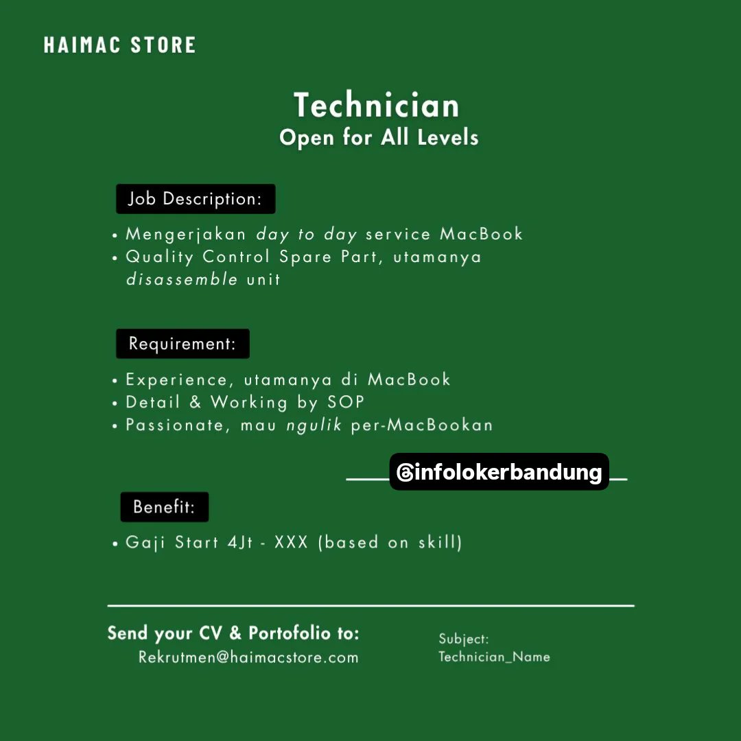 infolokerbdgcom's tweet image. #ILB 
We’re Hiring at Haimac Store! 

Haimac Store
Store spesialis MacBook di Bandung, sedang membuka lowongan untuk #Technician &amp;amp; #ContentCreator:

📍 Lokasi: Setiabudhi, Bandung

- Kirim CV &amp;amp; portofolio terbaik ke: rekrutmen@haimacstore.com
- Subject email: Posisi_Nama