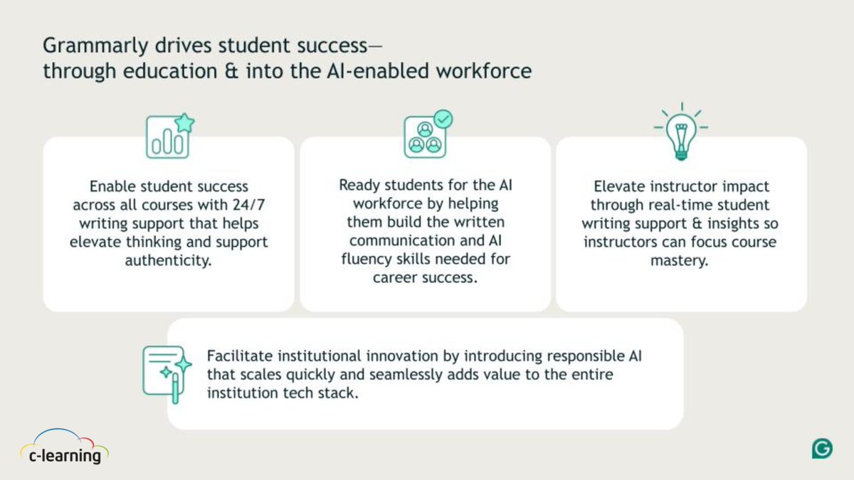C_learning_net's tweet image. ✨Empower authentic communication — from classrooms to boardrooms.See how #Grammarly supports clear, confident writing and responsible AI use across education and business.
👉 Book your free, no-obligation demo with a C-Learning team member today to explore if it’s right for your…