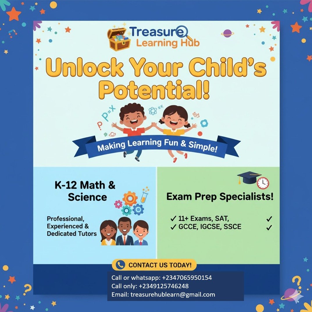 Treasurelearn1's tweet image. EXAM ALERT! 🚨 Planning for your child&apos;s future starts now. We are Exam Prep Specialists for the 11+, SAT, GCSE, IGCSE, and SSCE. Need clarity? Send a DM for a free 15-minute consultation! #ExamPrep #SSCE #IGCSE #EducationTips #Nigeria #TreasureLearningHub