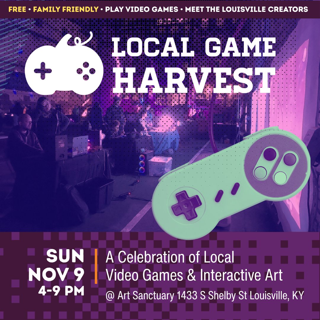 Join us along with @LouisvilleMakesGames at this year's Local Game Harvest on November 9th at Art Sanctuary in Louisville. Local Game Harvest is a showcase of games made by local developers. To learn more, see localgameharvest.com  #louisville #indiegames #gamedev #videogames