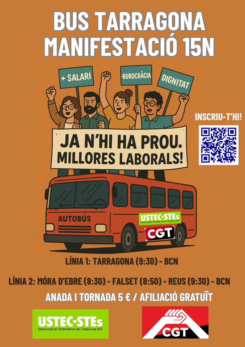 🚌 Organitzem autobusos per anar a la manifestació del #15N! 

Consulta els punts de sortida i recorreguts: sindicat.net/2025/10/29/org…

Línia 1: TARRAGONA-BCN (9:30h)

Línia 2: REUS-BCN (9:30h)