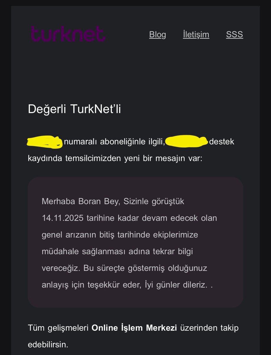 “Binadakiler sorunsuz internet kullanabiliyor, dediğiniz gibi lokal arıza olsa binadakilerinde kullanamaması gerekmez mi?” dediğim müşteri temsilcisi bana “bilgim yok” diye cevap veriyor. 18 gün önce başvurduğum internet ertelenip duruyor. Bilen birinden destek almak istiyorum.