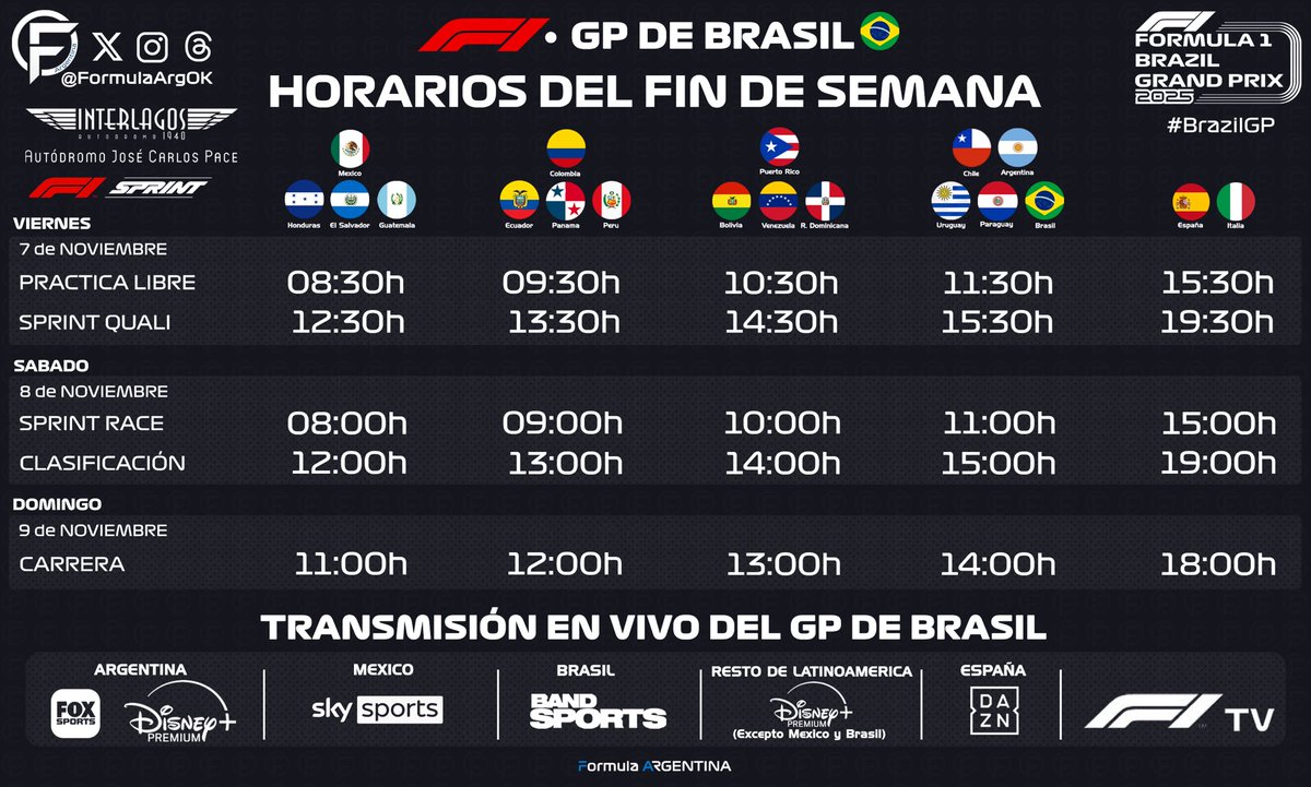 📌 | HORARIOS Y TRANSMISIÓN DEL GRAN PREMIO DE BRASIL🇧🇷

• RONDA 21
📍São Paulo
🗓️ 7-8-9 de noviembre

#F1 #BrazilGP🇧🇷
