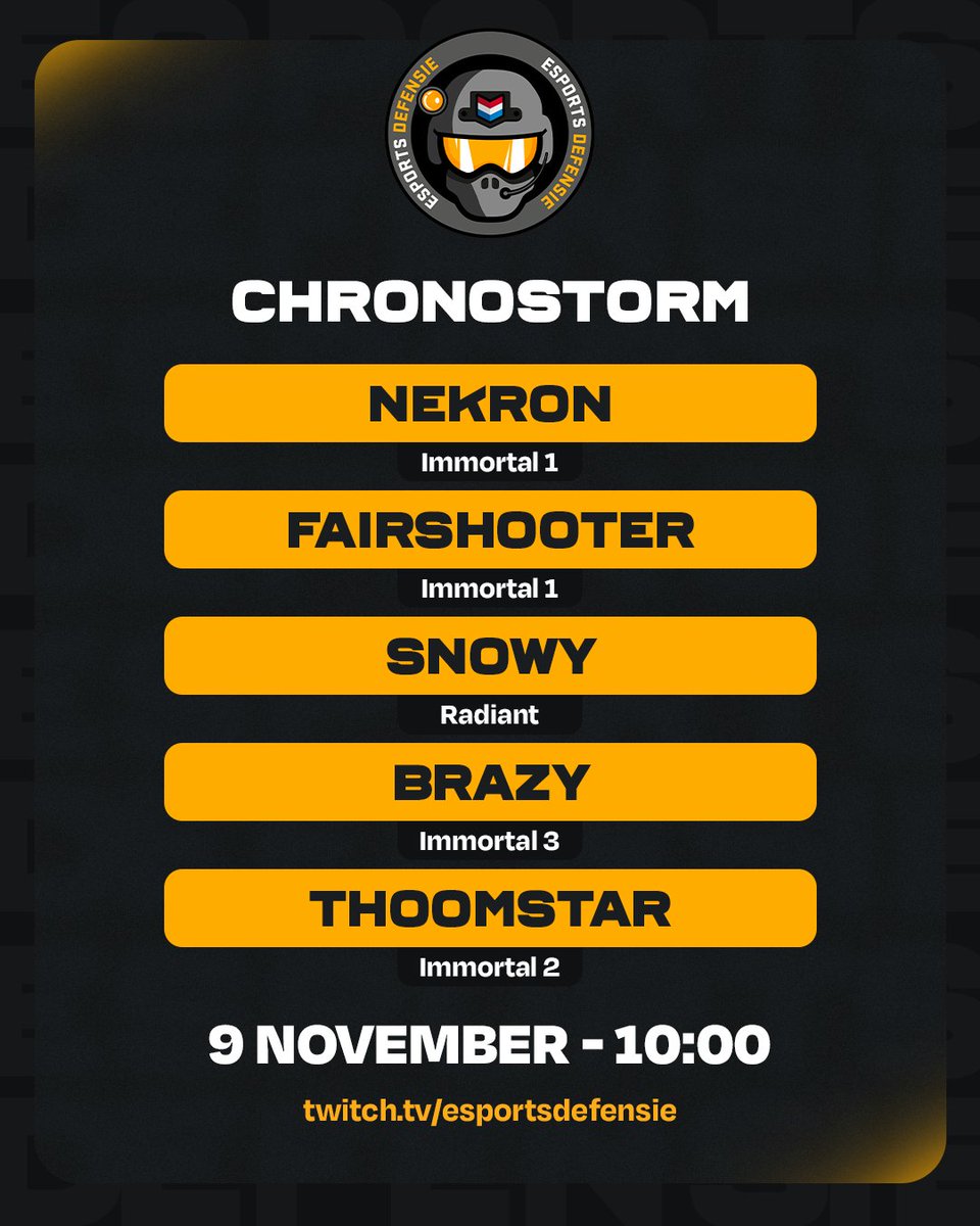 Het zijn oude bekenden bij de Esports Defensie Cup. Chronostorm is er op locatie bij om te strijden voor de #1 plek!

Moedig ze zondag live aan vanaf 10:00 op twitch.tv/esportsdefensie