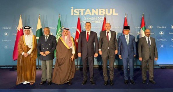 אחרי הפגישה של משלחת חמאס בראשות ח'ליל אל-חיה בשבת עם שר החוץ הטורקי פידאן באיסטנבול: שרי החוץ של שבע מדינות ערב והאסלאם נפגשו היום באיסטנבול כדי לדון בשלב הבא של הסכם הפסקת האש ברצועת עזה. בפגישה השתתפו טורקיה, סעודיה, ירדן, קטאר, איחוד האמירויות, פקיסטן ואינדונזיה. המנהיגים