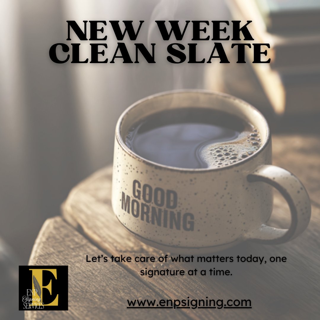 NotaryExecutive's tweet image. Morning Reset with ENP Notary Signing Services

#GoodMorning #MondayFocus #WorkWeekStart #ENPSigningServices