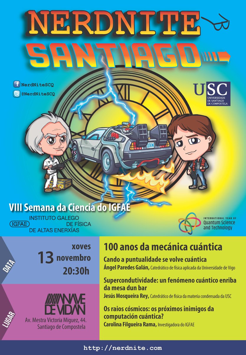 Arrancamos nova tempada da <a href="/NerdNiteSCQ/">NerdNiteSCQ</a> !

E unha vez máis da man do <a href="/IGFAE_HEP/">⚡ Instituto Galego de Física de Altas Enerxías ⚛️</a> 

Desta volta celebrámo-lo centenario da mecánica cuántica <a href="/QuantumYear2025/">International Year of Quantum 2025</a> #IYQ2025

🗓️ xoves 13 de novembro
⏰ ás 20:30
👉 en <a href="/anavedevidan/">A NAVE DE VIDÁN</a>