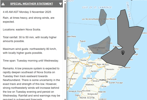 ECCCWeatherNS's tweet image. ⚠️Special Weather Statement in effect for strong winds and heavy rain on Tuesday. #NSStorm ow.ly/4fS550XlJqS