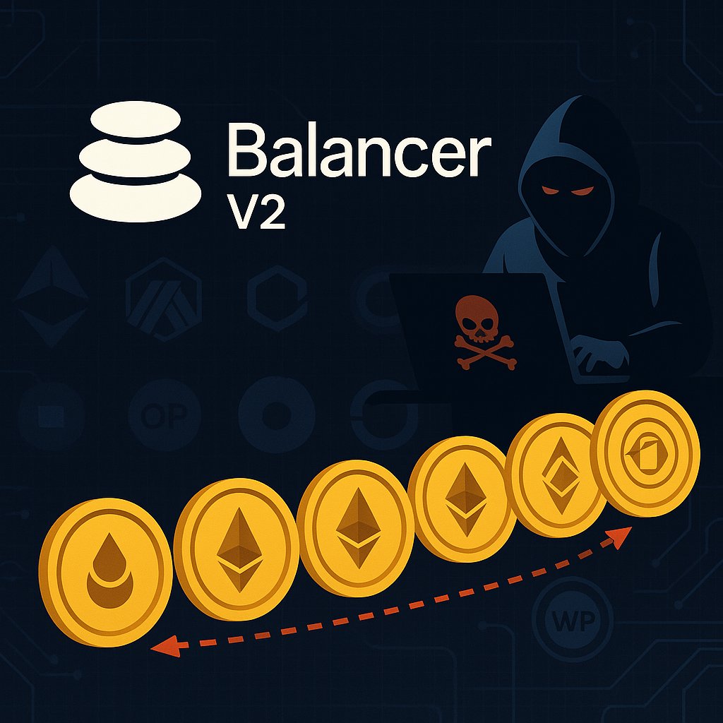 OnChainRev's tweet image. Balancer DeFi platform hacked 💥
Over $128M drained across Ethereum, Arbitrum, Base, Optimism, and Polygon.
Stolen assets: 6,850 osETH, 6,590 WETH, 4,260 wstETH.
Attackers exploited Balancer V2’s vault logic and moved funds into new wallets now under trace. #BalancerHack #DeFi