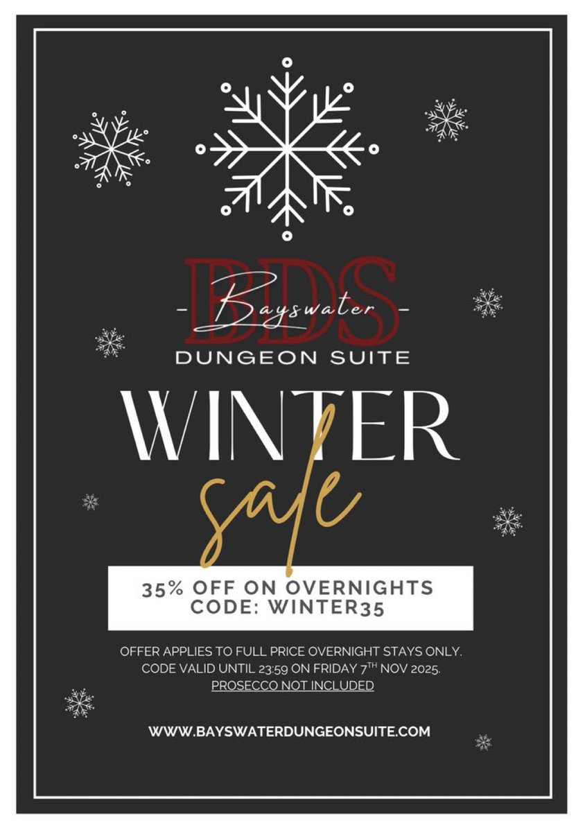 ‼️Winter promo has dropped‼️
Awesome 35% off on overnight stays. 
Book as soon or as far in advance - no limit. Valid until the end of Friday 7 November. Hurry up!
<a href="/BdsmHotels/">BDSM Hotels</a> <a href="/Londondungeons/">London Dungeon Suite</a> <a href="/BayswaterDS/">Bayswater Dungeon Suite</a> <a href="/EssexDungeon/">Essex Dungeon Suite</a> <a href="/MaidavaleDS/">Maida Vale Dungeon Suite</a> RT