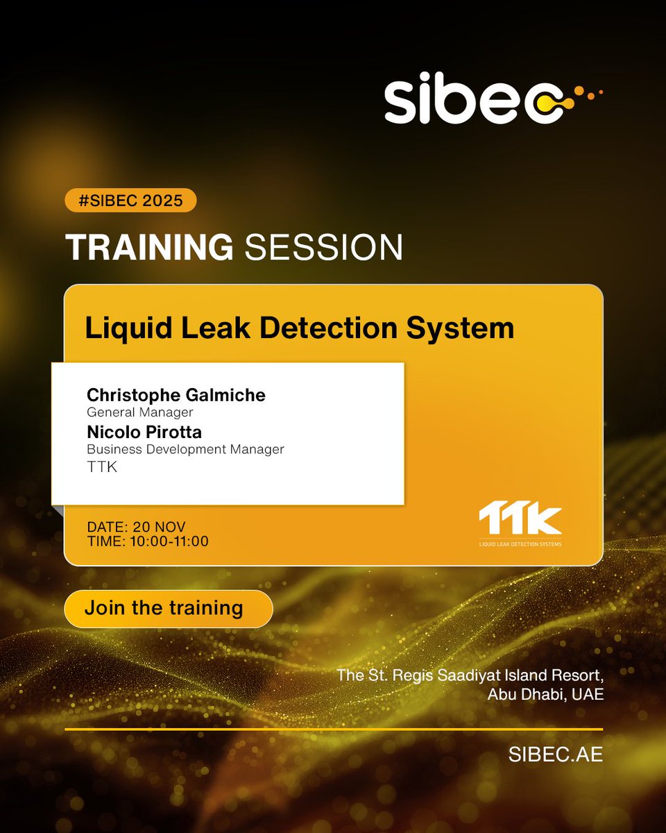 sibec_official's tweet photo. TTK at SIBEC 2025: Liquid Leak Detection System. Join Nicolo Pirotta, Nov 20! Register now! #FutureofBuildings #GreenBuilding #ttk #SIBEC #SustainableSolutions #SmartTech #AbuDhabiEvents https://t.co/Wlsdb8uE2v