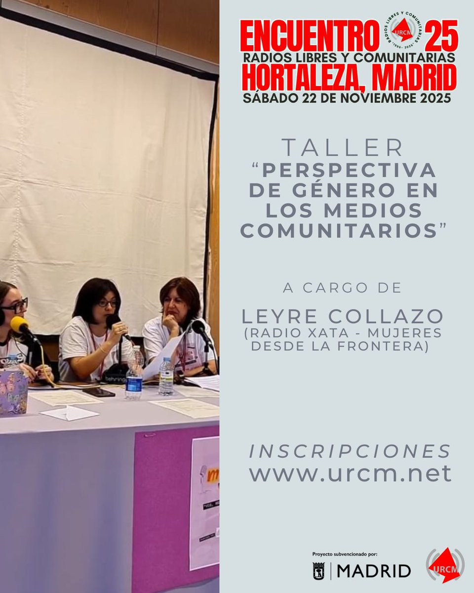 El necesario taller sobre PERSPECTIVA DE GÉNERO EN LOS MEDIOS COMUNITARIOS del 𝑬𝒏𝒄𝒖𝒆𝒏𝒕𝒓𝒐 𝒅𝒆 𝒓𝒂𝒅𝒊𝒐𝒔 𝒍𝒊𝒃𝒓𝒆𝒔 𝒚 𝒄𝒐𝒎𝒖𝒏𝒊𝒕𝒂𝒓𝒊𝒂𝒔 𝒅𝒆 𝑴𝒂𝒅𝒓𝒊𝒅 2025 será impartido por <a href="/leyrecollazop/">Leyrecollazop</a>  (<a href="/RadioXATA/">RadioXATA</a> ) 

INSCRIPCIÓN EN urcm.net/2025/10/22/ins…