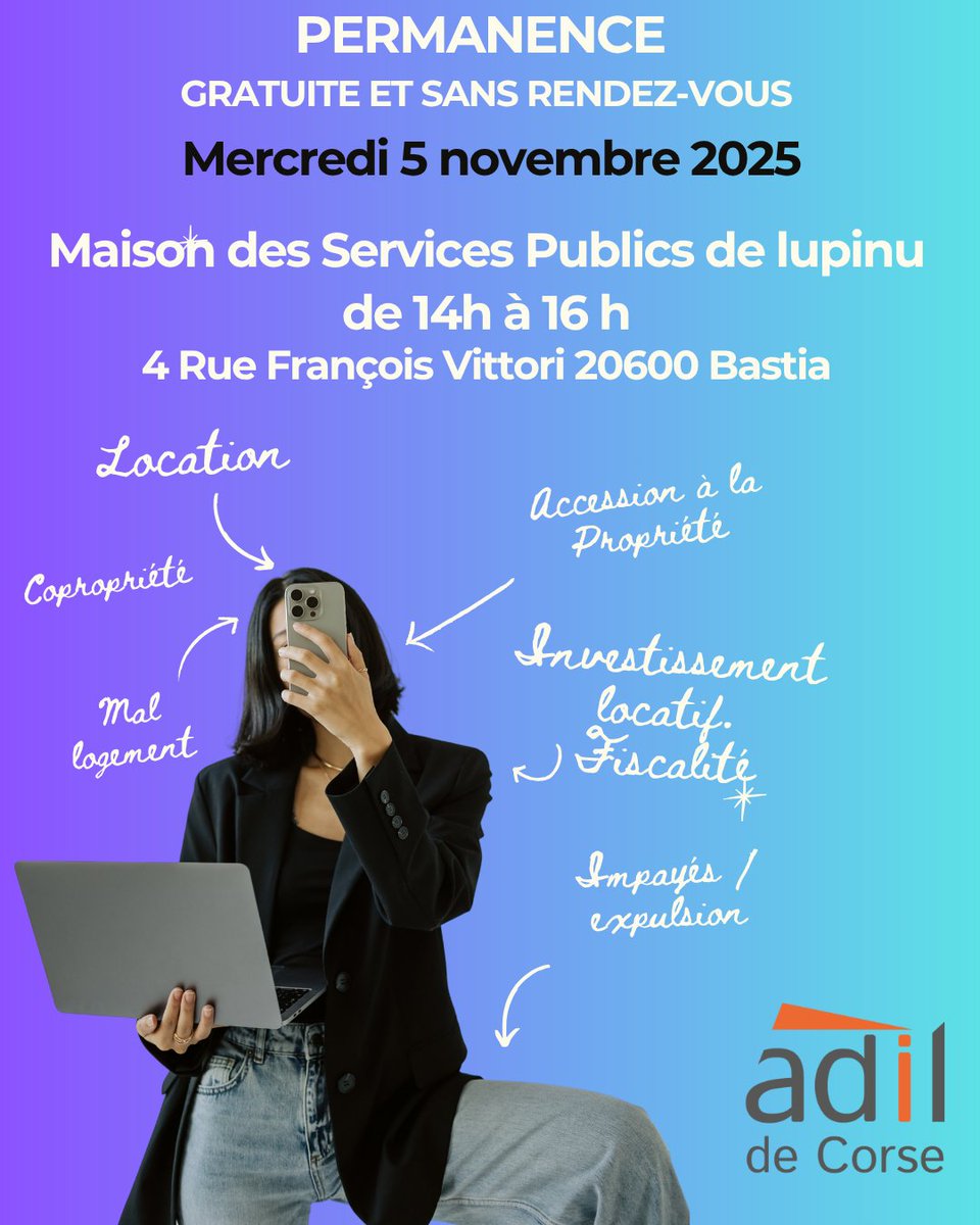 👉L'ADIL de Corse se déplace le mercredi 5 novembre 2025 à la Maison des Services Publics de Lupinu de 14h à 16h - 4 rue François Vittori 20600 Bastia pour vous renseigner.
📌Le juriste sera présent pour vous informer gratuitement sur toutes les questions relatives au logement.