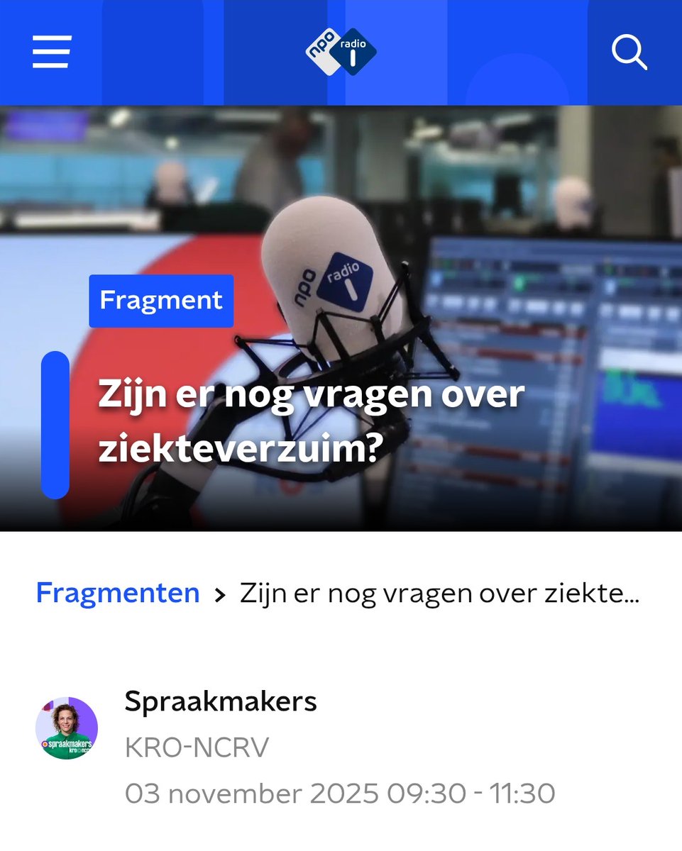 Ondergetekende was maandag 03 nov op NPO radio1 met een vraag over de maatschappelijke kosten van pesten op het werk.

Zijn er nog vragen over ziekteverzuim ?

Klikken op de knop: Speel audio af.

Het audiofragment waar ik in zit begint iets na minuut 7.

nporadio1.nl/fragmenten/spr…