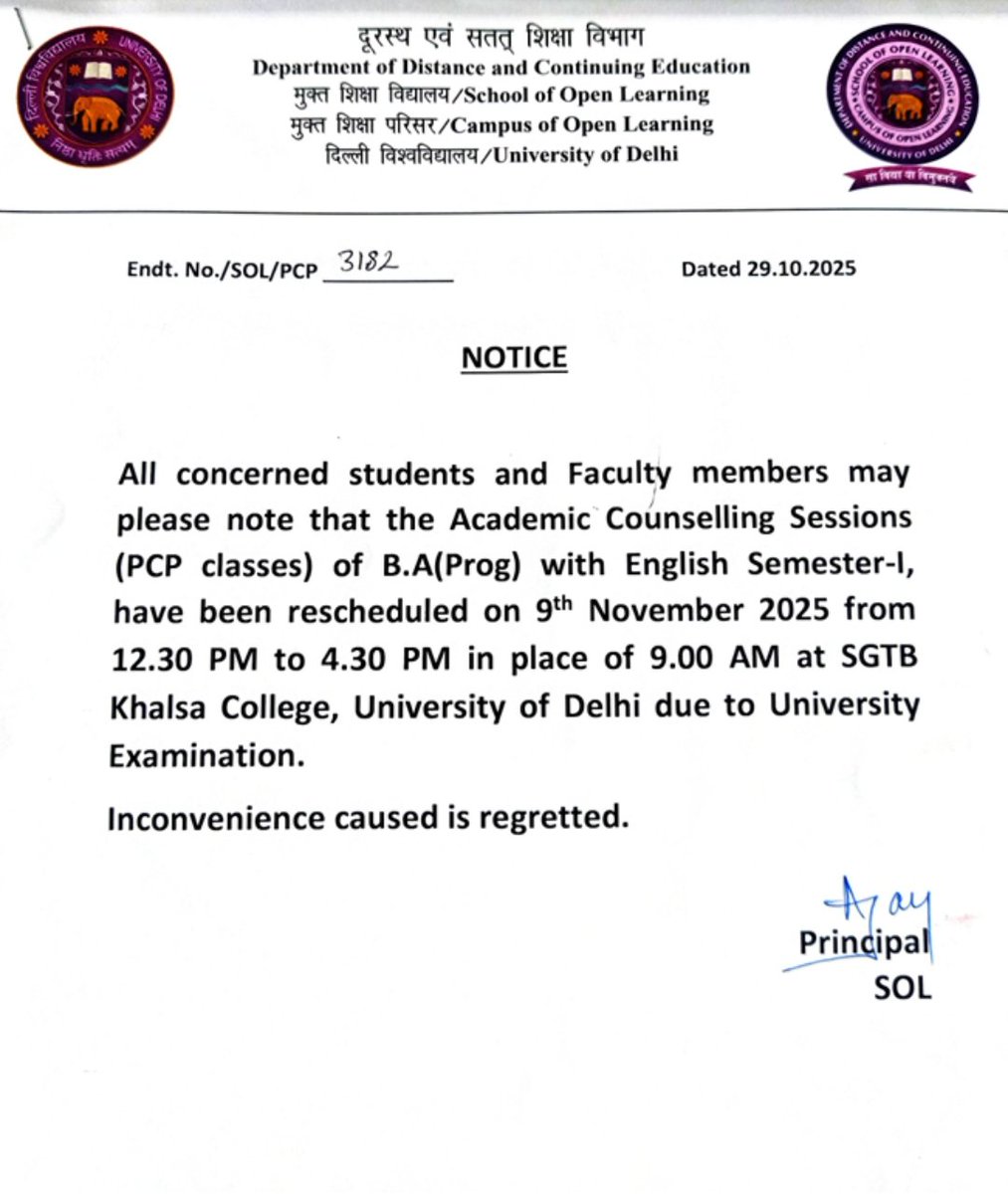 B.A (prog) with English Semester 1 class timing changed from 9 am to 12:30 pm onwards at SGTB Khalsa College only from 09-11-2025 onwards