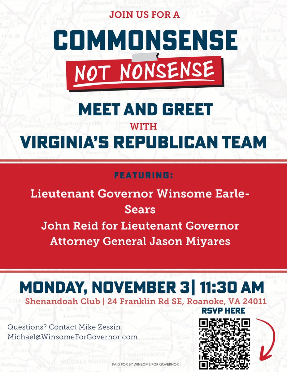 SMLPatriots's tweet photo. REMINDER: Please join @winwithwinsome, @JohnReid4VA, and @JasonMiyaresVA for a Meet &amp; Greet TODAY in Roanoke!

📅 Today, November 3rd
⏰ Doors open at 11:30 AM | Event begins at 12:00 PM
📍 Shenandoah Club, 24 Franklin Road SW, Roanoke, VA 24011 https://t.co/LgkdV1cnEH