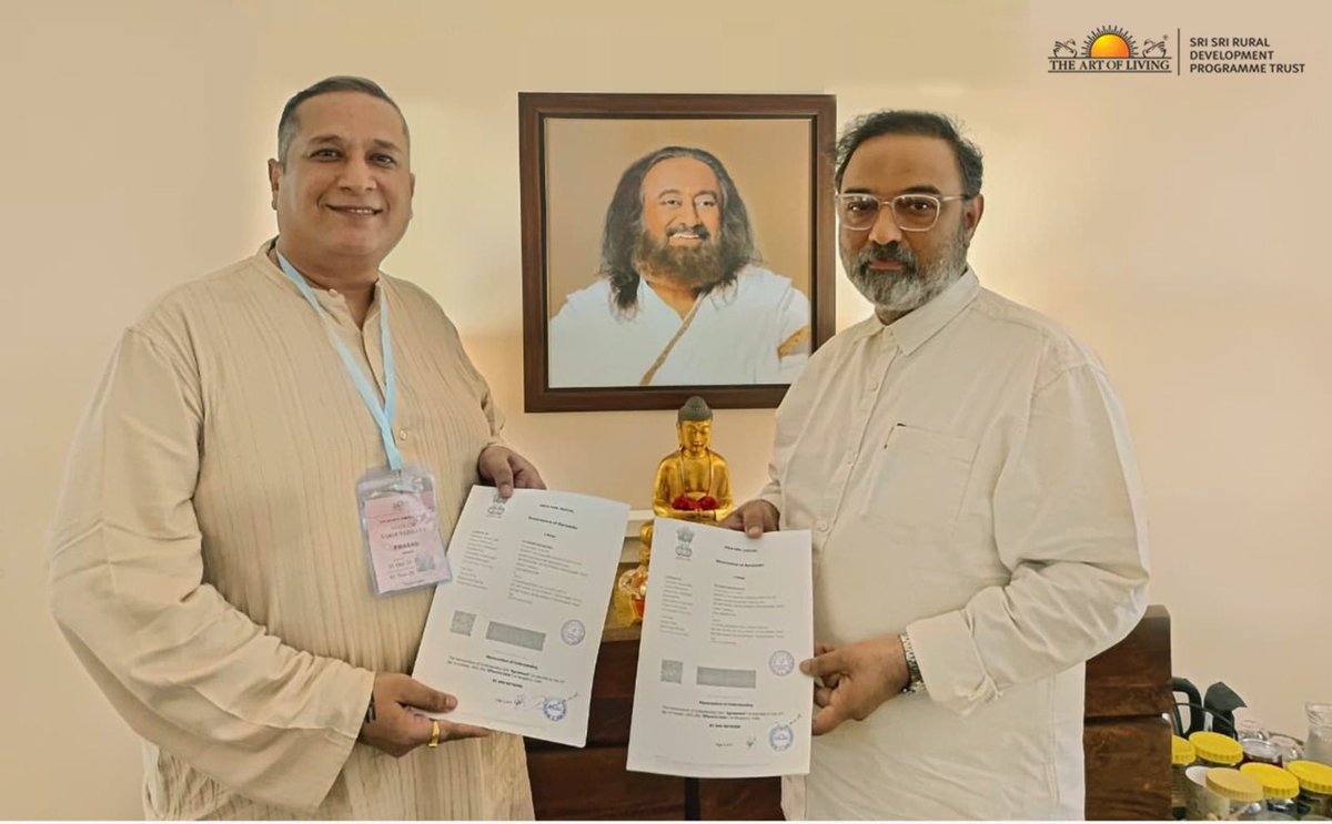 ArtofLiving's tweet photo. The Art of Living – Sri Sri Rural Development Programme Trust (AOL-SSRDP) has signed a strategic MoU with Techknowgreen Solutions Ltd. (TSL) to collaborate on wastewater treatment, nallah management, and environmental restoration projects nationwide.

The MoU was signed by Shri Prasana Prabhu, Chairman – AOL-SSRDP & AOL-SSIAST, and Shri Prasad Pawar, CEO & Director – TSL, marking a significant step toward coordinated action against water pollution and sustainable water management.

This collaboration blends experience and innovation, setting a new benchmark for sustainable wastewater management and environmental restoration across India — advancing Gurudev’s vision of a cleaner, greener, and healthier nation. @SriSriRDP @TechknowgreenS